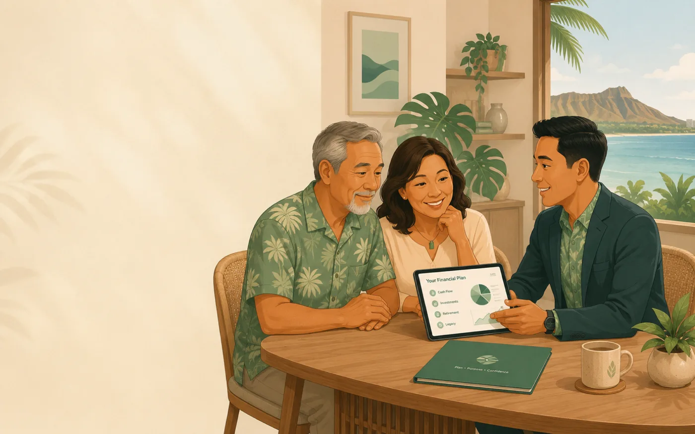 A Hawaii-licensed agent reviewing a financial plan with a local family